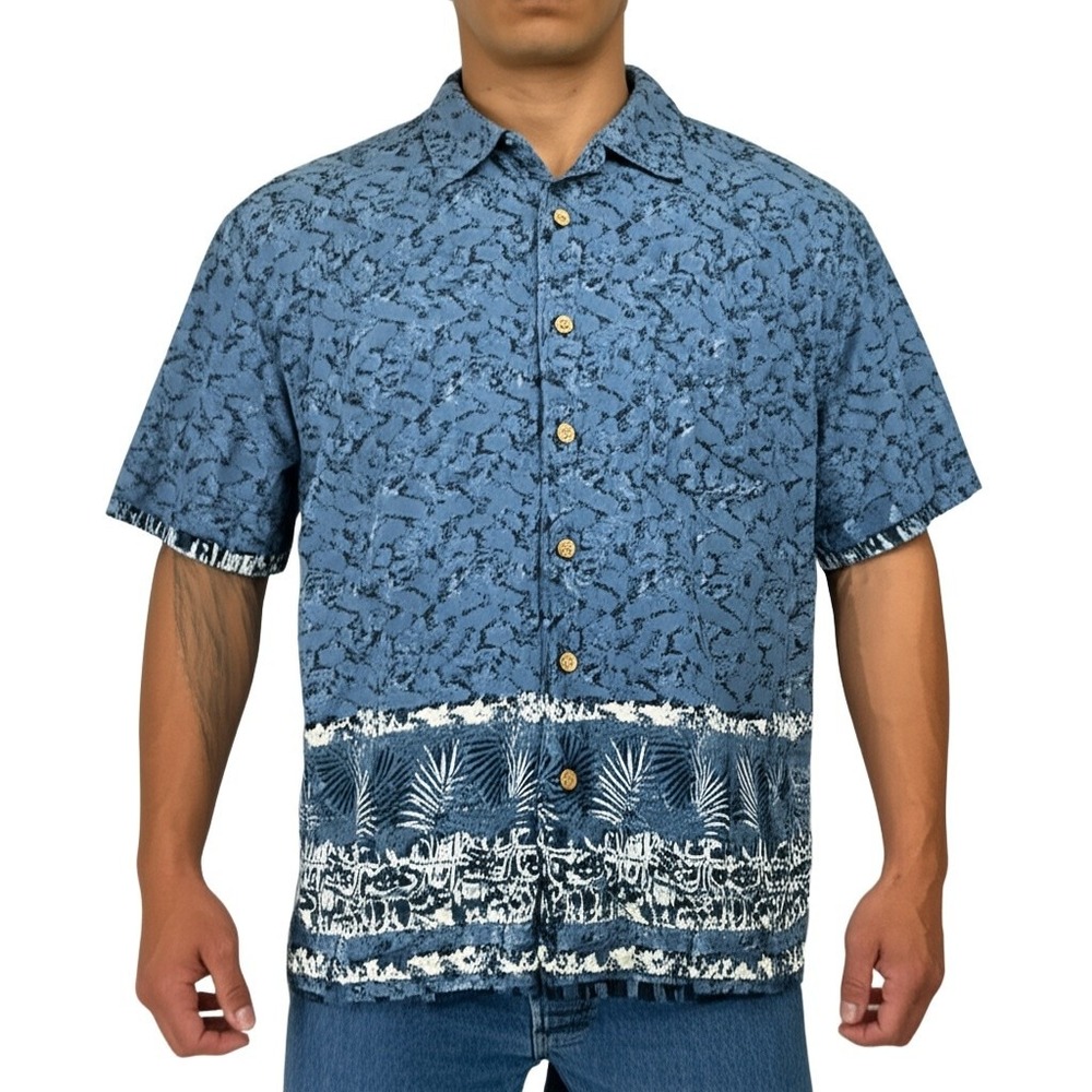 ROUTE 66 Mens Large‎  Blue Hawaiian  Aloha Short Sleeve Button Up Casual